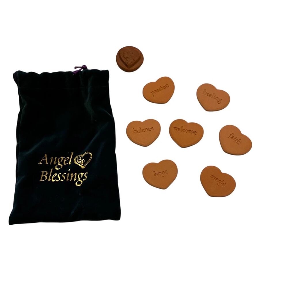 Angel Blessings Terracotta Stones Set of 8 w/ Velvet Pouch 7 Heart Words + Angel